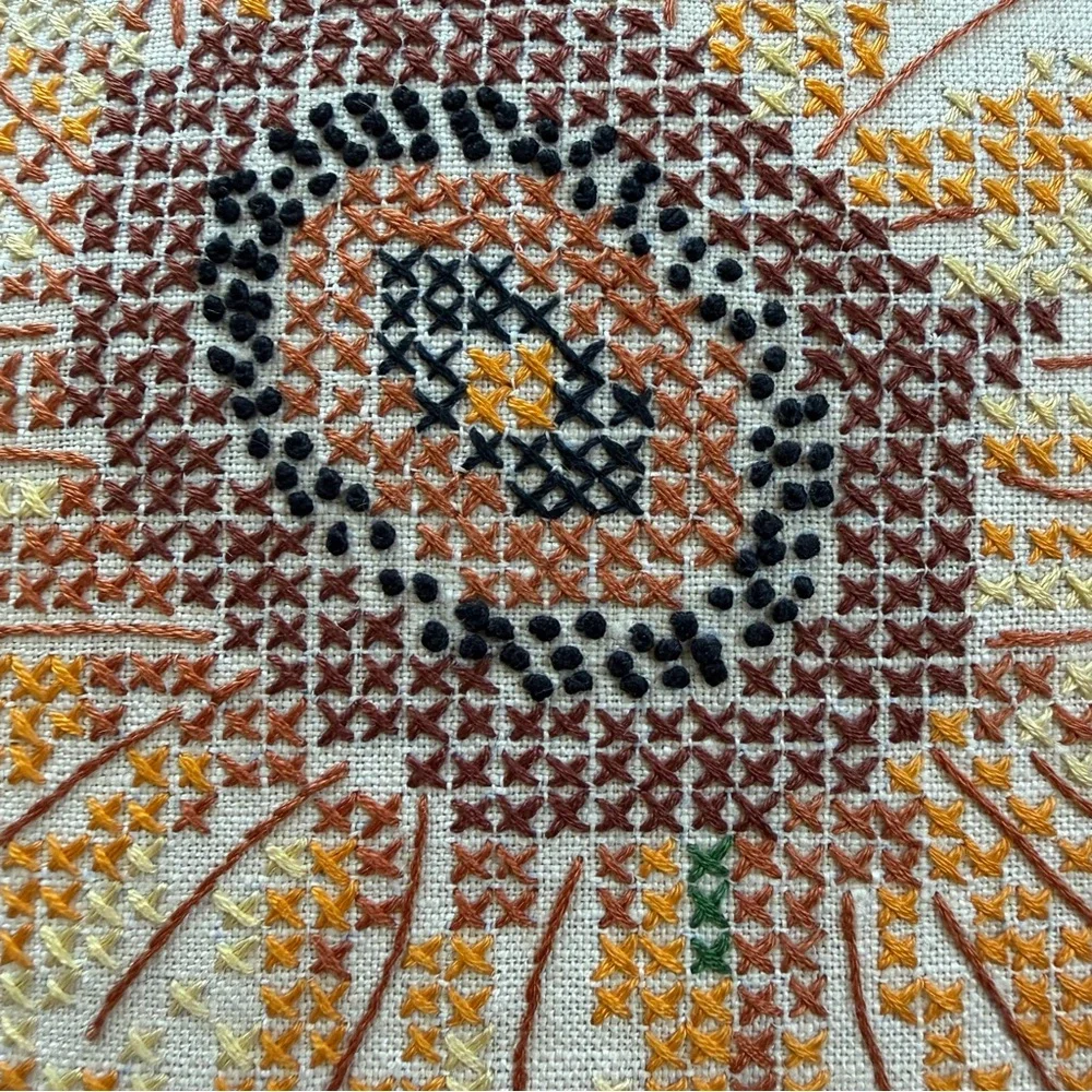 Vintage Hand Embroidered Sunflower Pillow 12” x 12” Cross Stitch Floral Linen
